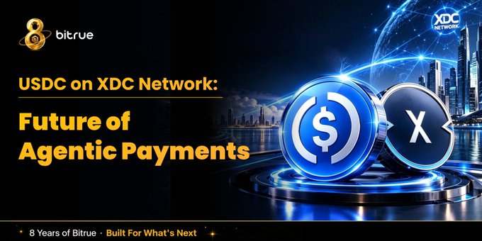 The image is a promotional banner from Bitrue announcing "USDC on XDC Network: Future of Agentic Payments," featuring the Bitrue logo, XDC Network logo, and USDC coin graphic against a futuristic cityscape backdrop, highlighting their 8-year milestone ("8 Years of Bitrue · Built For What's Next") and tying into the post's announcement about USDC's availability on XDC Network through Bitrue for trade finance and AI-powered agentic payments.