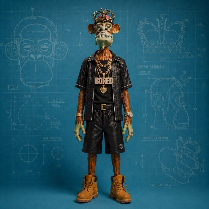 A digital artwork of a Bored Ape-style NFT character wearing a 'BORED' shirt, crown, and boots, displayed against a blueprint background showing technical drawings.