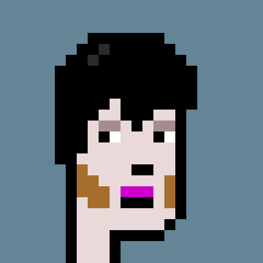 A simple pixel art portrait of a person with black hair and a wide-open mouth showing a pink tongue, set against a solid blue-gray background.