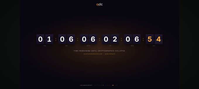 A dark website header showing a countdown timer reading '01:06:06:02:06:54' with the QTC logo and text 'TIME REMAINING UNTIL CRYPTOGRAPHIC COLLAPSE'.