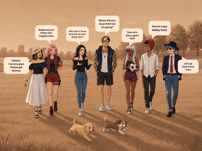 Anime-style illustration of seven characters with speech bubbles debating whether to follow puppies they found in a field, with dialogue like 'hahaha Can you guys Please get Serious', 'Maybe we just Follow this Puppies haha', and 'You're crazy daddy Amin' alongside two small dogs.