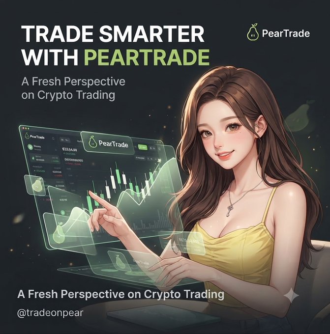 A promotional graphic for PearTrade featuring an anime-style woman pointing at trading charts, with text 'TRADE SMARTER WITH PEARTRADE - A Fresh Perspective on Crypto Trading' and '@tradeonpear'.