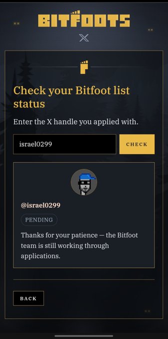 Bitfoots “Check your Bitfoot list status” page shows the X handle **israel0299** with status **PENDING** and a message: “Thanks for your patience — the Bitfoot team is still working through applications.”  
The post’s “save me @BITFOOTS_” matches the user waiting for their Bitfoots application/list status to update.