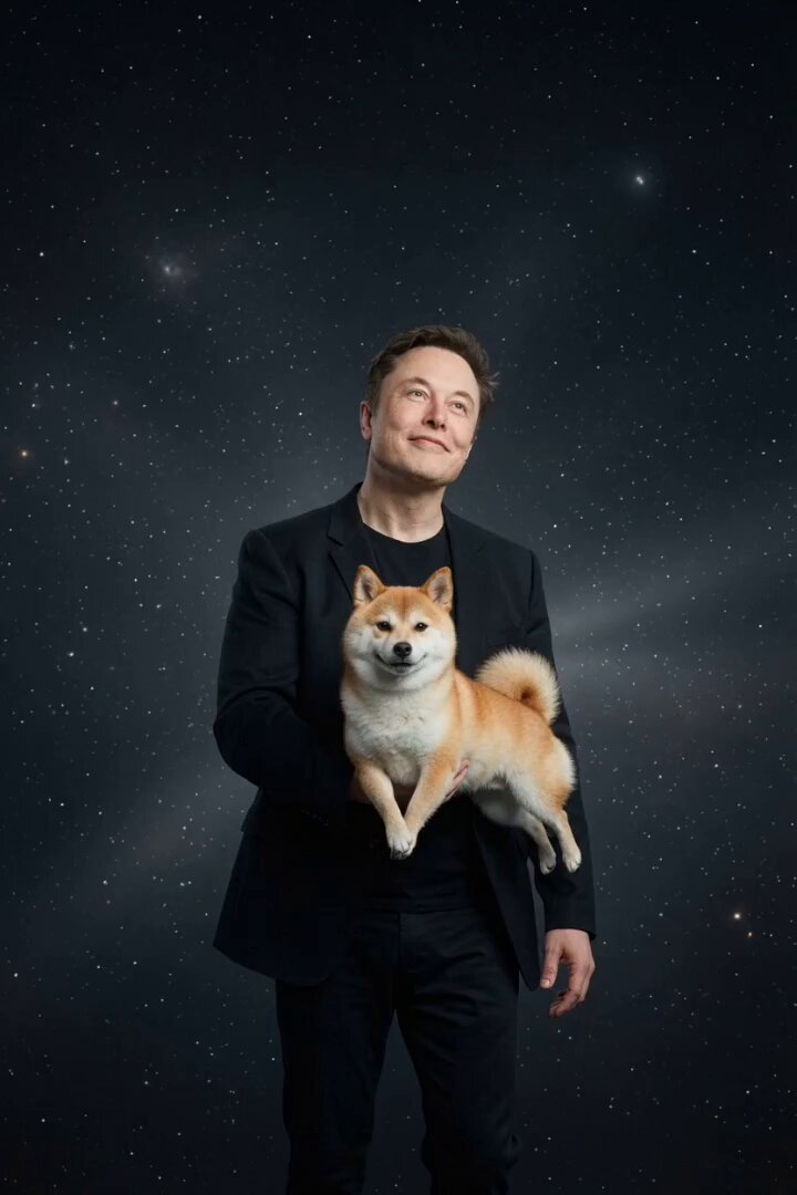 urn of gold and white stars, with a man in black suit holding a brown dog against a dark background.
