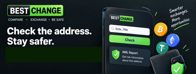 A promotional banner for "BEST CHANGE - COMPARE, EXCHANGE, BE SAFE" advertising cryptocurrency address verification with the tagline "Check the address. Stay safer." alongside images of Bitcoin, Ethereum, and Tether.