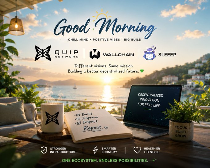 The image features an advertisement for a company called Quip Network that promotes Web3 technology. The background of the image shows a beautiful sunset over a body of water with houses visible in the distance, creating a serene atmosphere. There are two laptops on a table near the edge of the frame, and a cup is placed next to one of them. The text on the advertisement reads "Good Morning" followed by various logos for different companies related to Web3 technology.