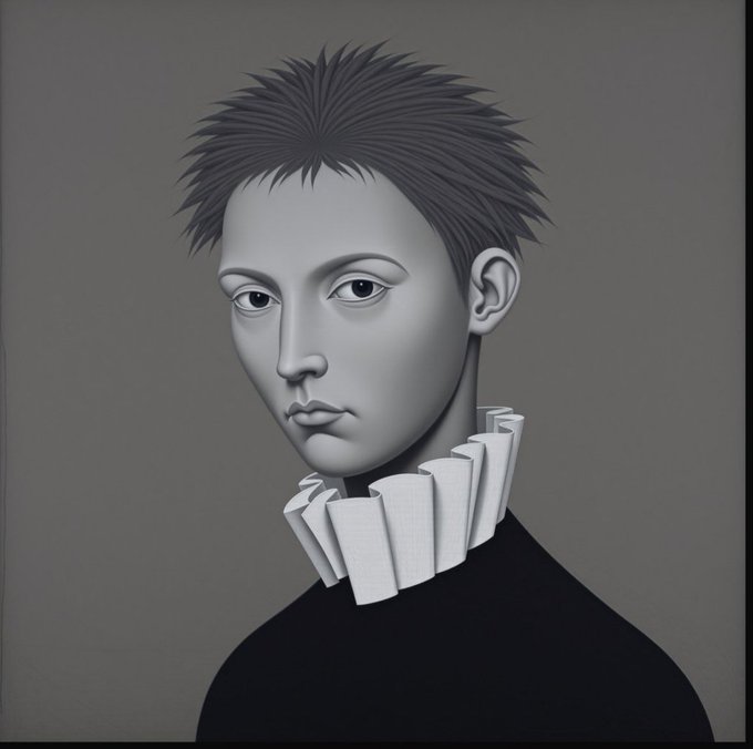 A monochromatic digital portrait depicts a stylized figure with spiky hair, large expressive eyes, and full lips wearing a white pleated collar reminiscent of a classic painting style.