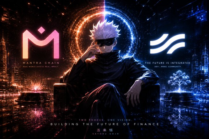 A promotional graphic featuring an anime-style character with white hair and dark glasses, flanked by logos for 'MANTRA CHAIN' and 'THE FUTURE IS INTEGRATED', with the tagline 'TWO FORCES. ONE VISION. BUILDING THE FUTURE OF FINANCE' and '五条悟 SATORU GOJO'.