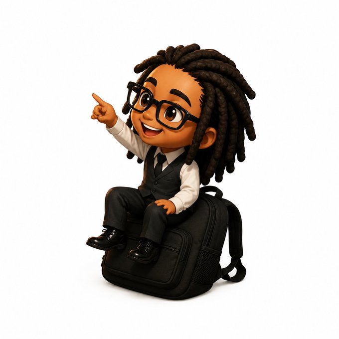 A 3D-rendered cartoon character with dark dreadlocks and black glasses, dressed in a white shirt and black vest, sitting on a black backpack and pointing upward with a cheerful expression.