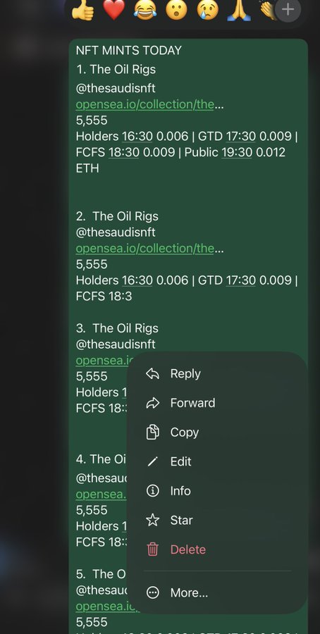 A messaging app screenshot displaying a list titled 'NFT MINTS TODAY' for 'The Oil Rigs @thesaudisnft', showing mint prices in ETH, with an open context menu offering options like Reply, Forward, and Delete.