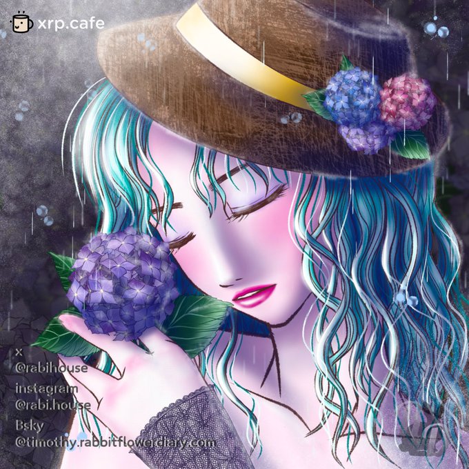 The image features a woman with blue hair wearing a hat, holding a purple flower in her hand. The background of the image has a dark color, which contrasts with the bright colors of the flower and the woman's hair. There are also some text elements present in the image that read "#xrp #xrpcafe on List Rabbitflower Doll#98 / #XRPCafe".