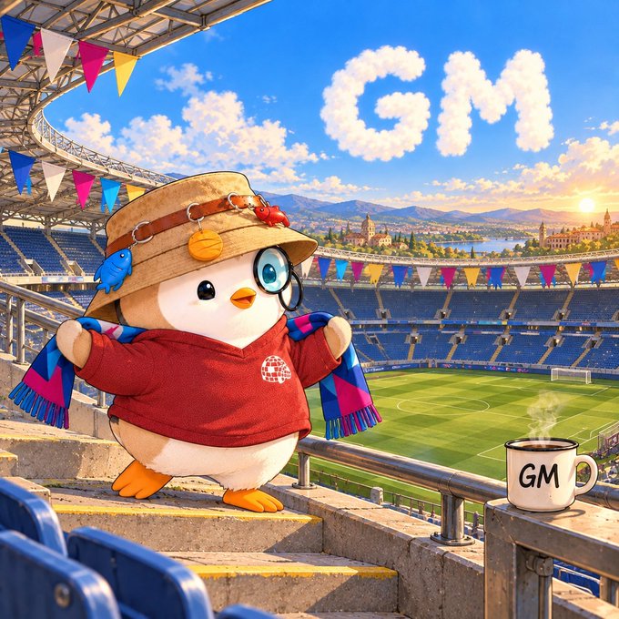 An illustrated image of a cute penguin wearing a straw hat, monocle, and red soccer scarf with a 'GM' mug beside it, set in a stadium with 'GM' spelled out in clouds in the sky.