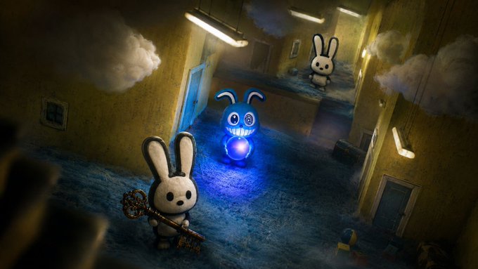 The image features three cartoon rabbit characters standing together in an alleyway. The rabbits are positioned at different angles, with one of them holding a key while another has its back turned towards the viewer. The background shows a building with multiple doors and windows, giving the scene a sense of depth and complexity. The post is about a project called @OfficialBunnyOS that focuses on creating an AI token with social layers, token-gated access, and AI agents for blockchain applications. It emphasizes the uniqueness and value of this project compared to other AI token projects or simple token-based platforms.