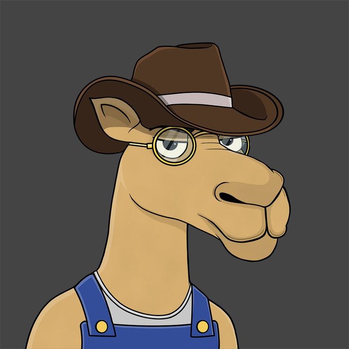 A digital illustration of an anthropomorphic camel or llama character wearing a brown cowboy hat, round wire-rimmed glasses, and blue denim overalls with a white shirt, set against a gray background.
