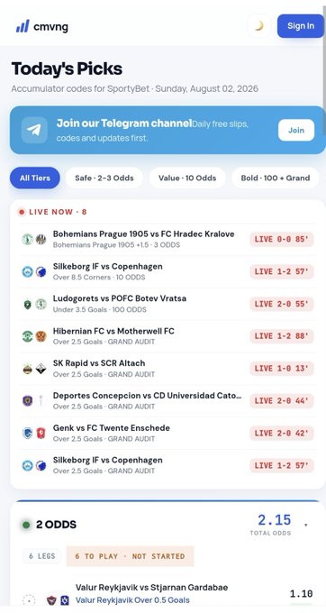 A mobile app screenshot for "cmvng" displaying "Today's Picks" with live sports betting accumulators and codes for SportyBet, dated Sunday, August 02, 2026.
