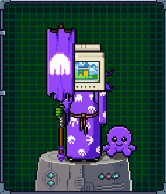 A pixel-art figure dressed in a purple robe adorned with mushroom patterns and holding a purple banner featuring a Pepe frog emblem, with a CRT monitor for a head displaying a simple game scene, accompanied by a small smiling purple octopus on a futuristic pedestal, visually representing the Quotrons404 mascot and its Pepe coin companions mentioned in the tweet.