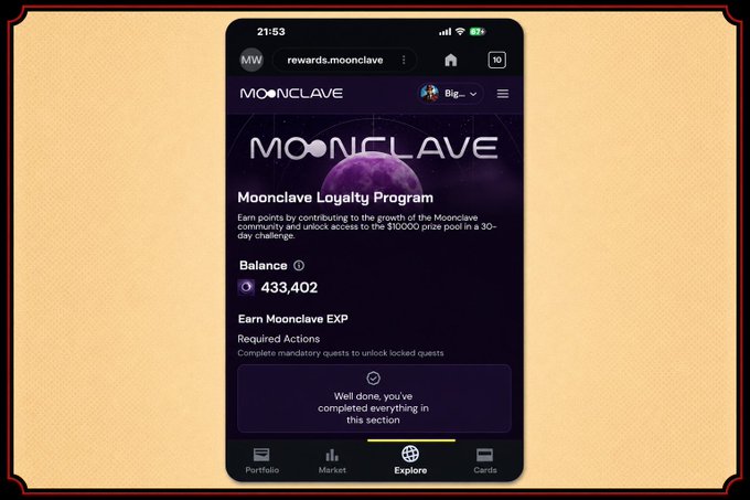 The image shows a mobile screenshot of the Moonclave loyalty program page on rewards.moonclave, displaying a balance of 433,402 points for the user, which supports the post's claim of being in the 400k+ range on the Moonclave leaderboard.