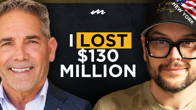 A YouTube-style thumbnail showing two men, one on the left in a suit and one on the right wearing a 'NEW YORK' cap and glasses, with large text reading 'I LOST $130 MILLION' between them.