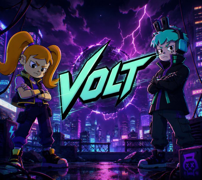 An animated illustration for a game or show called 'VOLT,' featuring two cartoon characters with a futuristic purple city background and lightning effects.