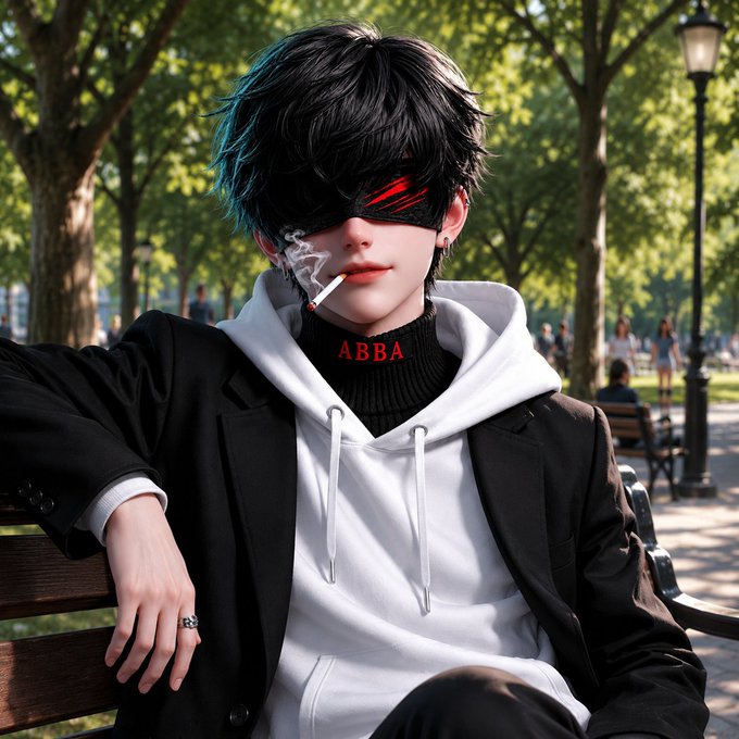 An anime-style illustration of a young man with messy black and teal hair, wearing a black blindfold with red accents, a black blazer over a white hoodie, and smoking a cigarette in a park setting. The text 'ABBA' appears on his black turtleneck.