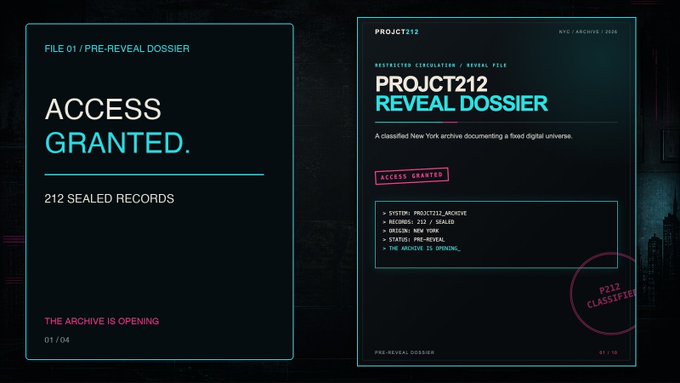 A digital dossier interface displaying 'ACCESS GRANTED' and 'PROJECT212 REVEAL DOSSIER', with text including '212 SEALED RECORDS', 'NYC / ARCHIVE / 2026', and 'CLASSIFIED'.