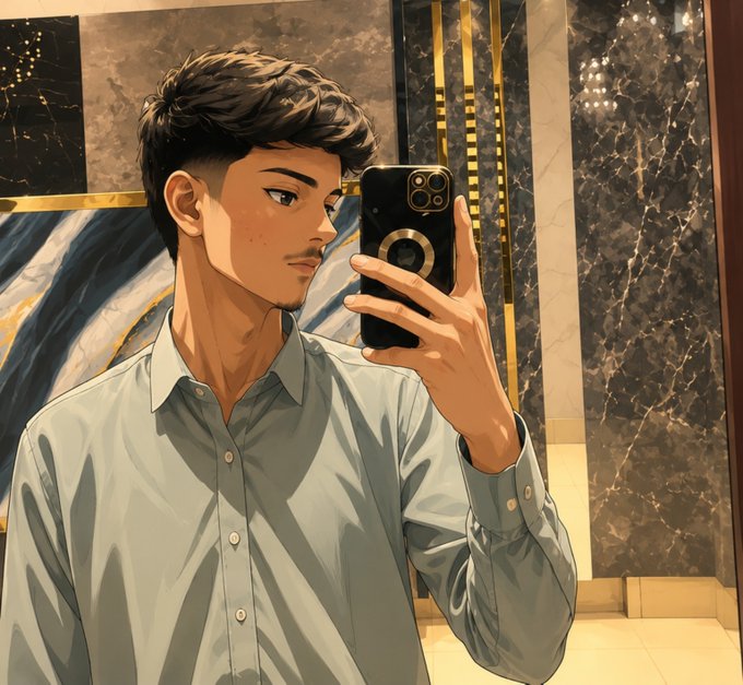 An anime-style illustration depicts a man with dark hair and a light blue shirt taking a mirror selfie with a smartphone in a luxurious marble bathroom.