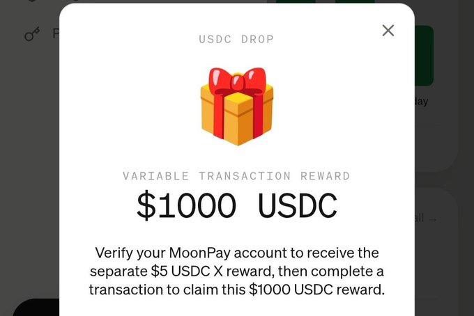A MoonPay USDC Drop popup offers a $1000 USDC variable transaction reward, with instructions to verify the MoonPay account and complete a transaction to claim it. The image relates to the post by illustrating the exact $1000 USDC MoonPay reward the user found, though they noted their country was ineligible for verification—prompting their humorous workaround to travel to Dubai for $200 and return for $100.