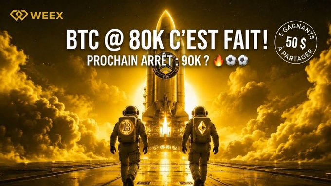 A WEEX promotional graphic with French text 'BTC @ 80K C'EST FAIT! PROCHAIN ARRÊT : 90K ?' showing two astronauts with Bitcoin and Ethereum logos on their backs facing a rocket launch.