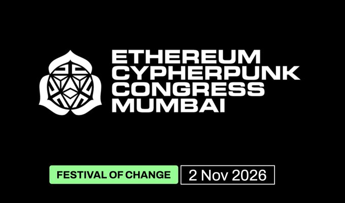 Logo for the 'Ethereum Cypherpunk Congress Mumbai' event, tagged as a 'Festival of Change' scheduled for 2 Nov 2026.