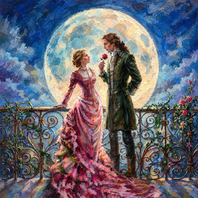 An impressionistic painting depicts a romantic couple in period clothing standing on a balcony under a large moon, with the man offering a rose to the woman.