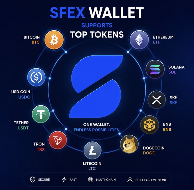 This image showcases the SFEX Wallet, highlighting its support for top cryptocurrency tokens like Bitcoin (BTC), Ethereum (ETH), and Solana (SOL), among others. The design emphasizes the wallet's comprehensive features, including security, speed, and multi-chain capabilities.