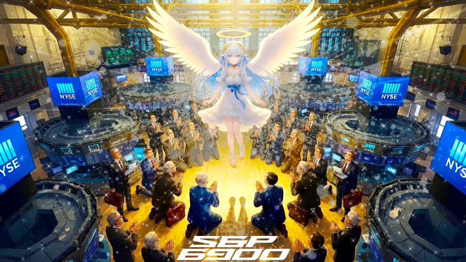 Anime-style artwork featuring an angel with large wings and a halo floating above the NYSE trading floor, surrounded by traders, with 'SSP 6900' displayed at the bottom.