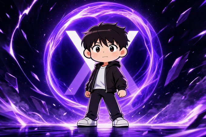 A cartoon-style character standing in front of a glowing purple vortex with a triangular symbol in the background.