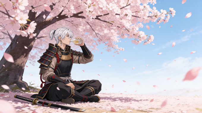 An anime-style illustration of a white-haired samurai in dark armor sitting under cherry blossom trees, drinking from a small cup with a katana beside him.