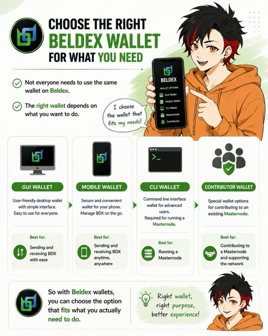 An infographic titled "CHOOSE THE RIGHT BELDEX WALLET FOR WHAT YOU NEED," featuring an anime-style character and detailing four wallet types: GUI Wallet, Mobile Wallet, CLI Wallet, and Contributor Wallet, each with icons and descriptions of their best uses.