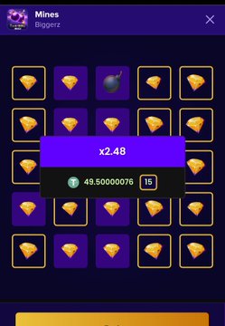 A mobile Mines gambling game by Biggertz showing a 5x5 grid mostly filled with gold nuggets, with one bomb revealed, displaying a 'x2.48' multiplier and a balance of 49.50000076.