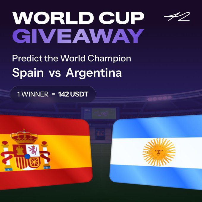 A promotional graphic for a "WORLD CUP GIVEAWAY" features the Spanish and Argentinian flags against a dark stadium background, with text announcing "Predict the World Champion Spain vs Argentina" and a prize of "1 WINNER = 142 USDT," matching the post's call for followers to pick the match winner.