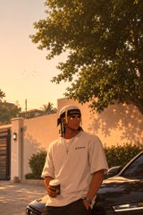 A young man wearing a white 'Essentials' t-shirt, cap, and dreadlocks stands outdoors holding a coffee cup, with a car and house in the background.