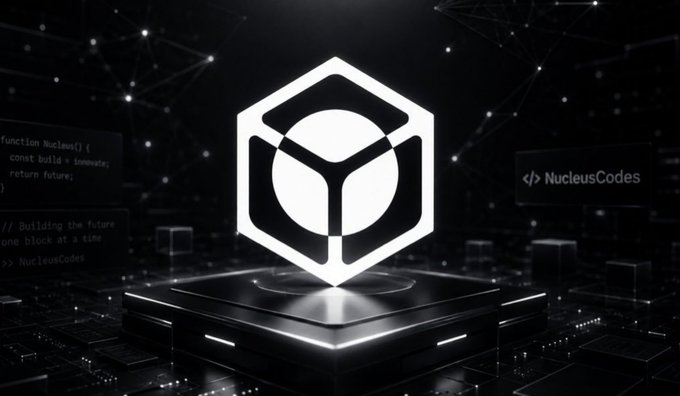 A futuristic digital scene featuring a glowing white hexagonal logo with code text 'function Nucleus() { const build = innovate; return future; }' and 'NucleusCodes' branding.