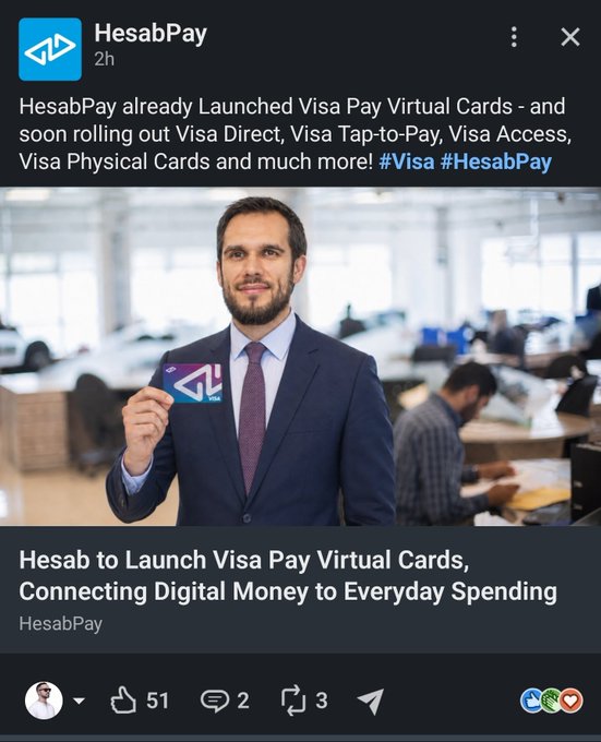 A social media post from HesabPay announcing the launch of Visa Pay Virtual Cards and upcoming Visa products, featuring a man holding a HesabPay card.
