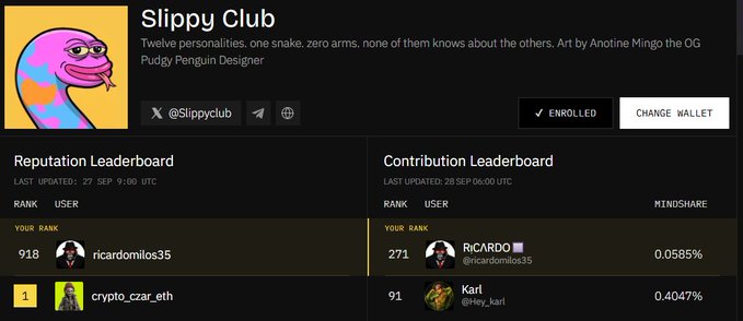 A screenshot of the 'Slippy Club' webpage shows a snake logo, social handle @slippyclub, and leaderboards with ranks for users 'ricardomilos35' (rank 918/271) and 'crypto_czar_eth' (rank 1) along with 'Karl' (@ney_karl).