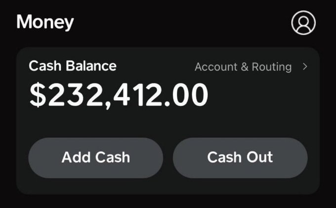 The image shows a mobile app screen titled "Money" displaying a cash balance of $232,412.00, with options to "Add Cash," "Cash Out," and view "Account & Routing" details. This screenshot appears to be shared as "proof" of funds to lend credibility to a "$200 Giveaway" post asking users to like, follow, and drop their $SOL wallet address.