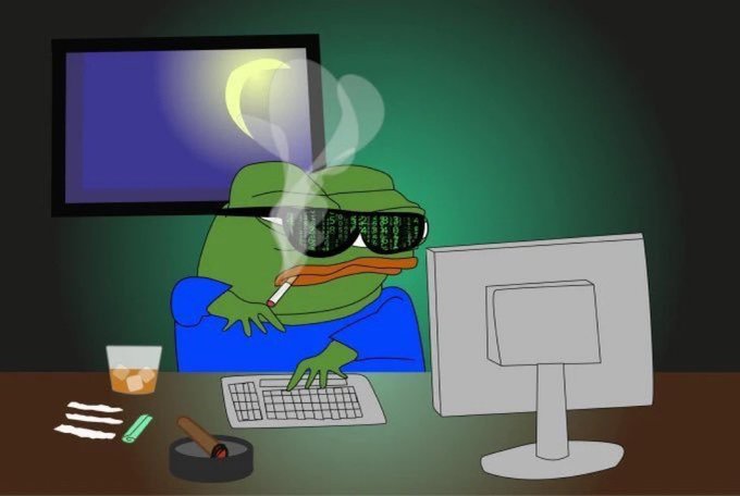 An illustration of the Pepe the Frog meme shows the character wearing matrix-style sunglasses and smoking a cigarette while typing on a computer at night.