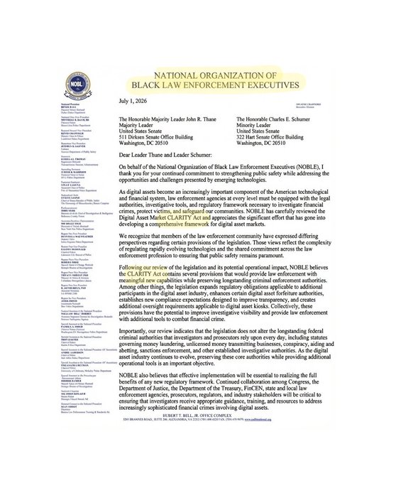 A letter dated July 1, 2026 from the National Organization of Black Law Enforcement Executives (NOBLE), signed by leaders including Majority Leader John R. Thune and Minority Leader Charles E. Schumer, addresses the CLEARITY Act and its implications for digital asset regulation and law enforcement oversight.

Note: The image shows an official congressional/governmental letter regarding digital asset regulation policy and does not contain any reference to Stellar Network ($XLM) or cryptocurrency adoption, so it does not relate to the accompanying post's content about Stellar.