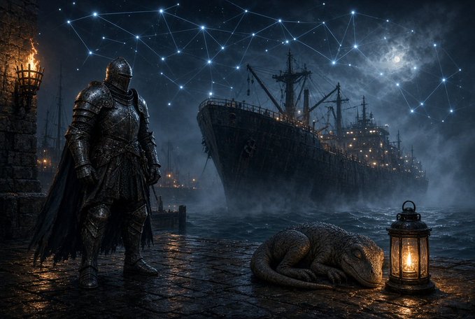 A dark fantasy scene shows an armored knight standing on a stone dock at night, with a starry constellation map overhead, a large galleon ship in the misty background, a sleeping lizard-like creature, and a glowing lantern.