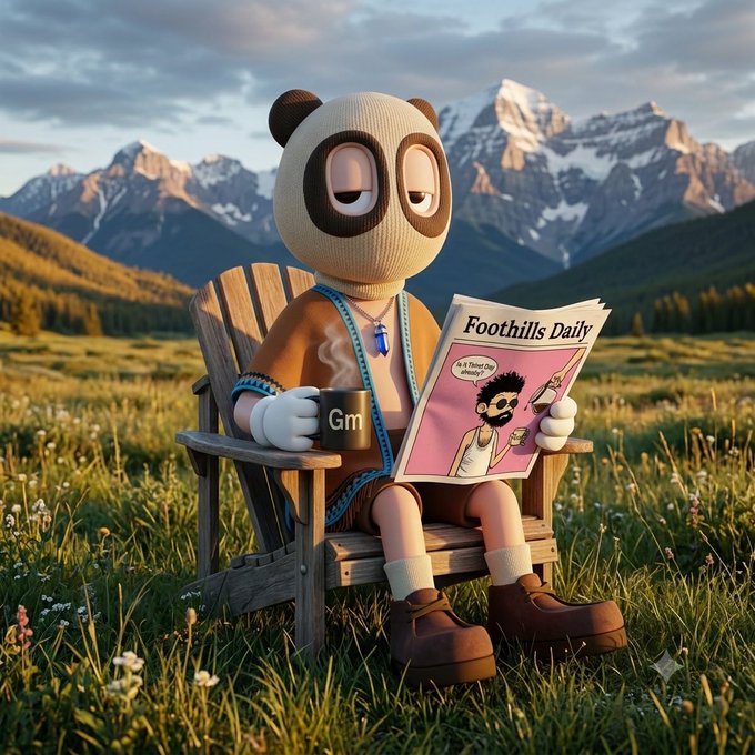 A cartoon panda character in an orange cardigan relaxes in a wooden chair with a steaming "Gm" mug, reading a "Foothills Daily" newspaper, set against a stunning mountain meadow backdrop—capturing the cozy, reflective "Thursday morning" vibe of the post.