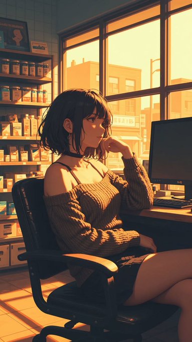An anime-style illustration depicts a girl with short dark hair sitting in an office chair in a warmly lit room, with a computer monitor and shelves behind her.