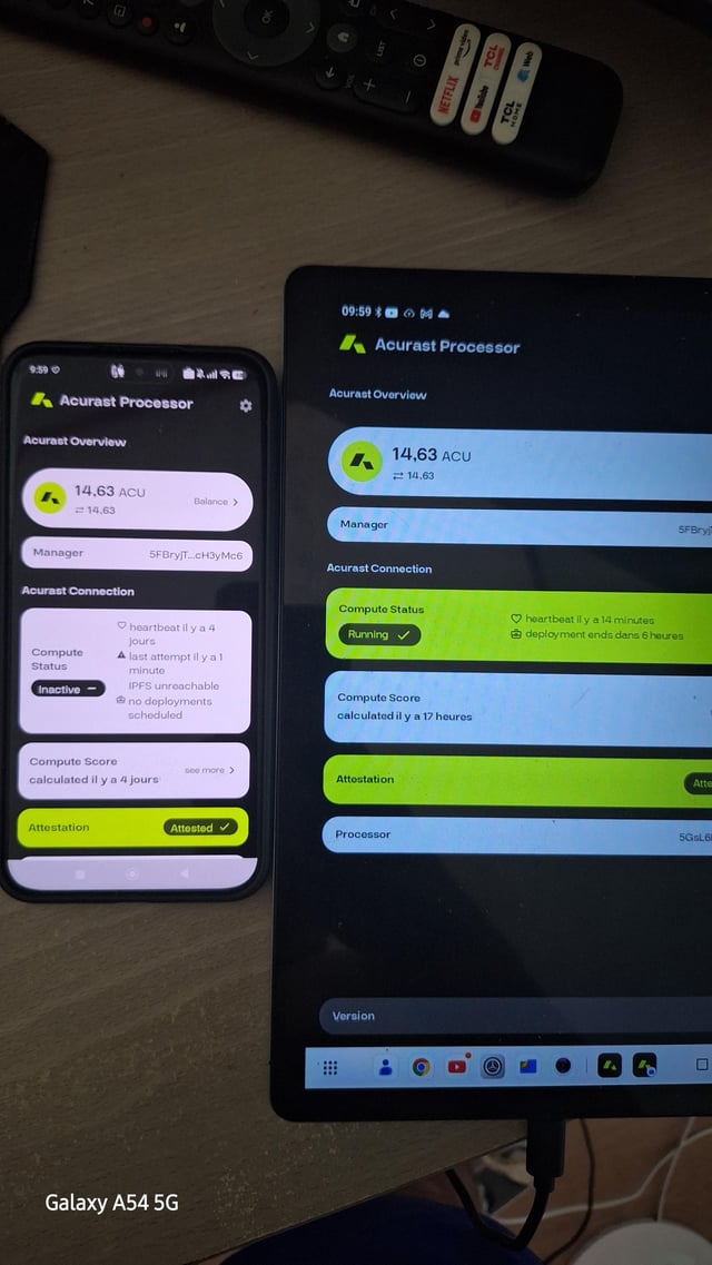 A photo taken with a Galaxy A54 5G showing a phone and tablet both displaying the 'Acurast Processor' app, with the phone showing 'Inactive' compute status and 14.63 ACU balance, while the tablet shows 'Running' status.