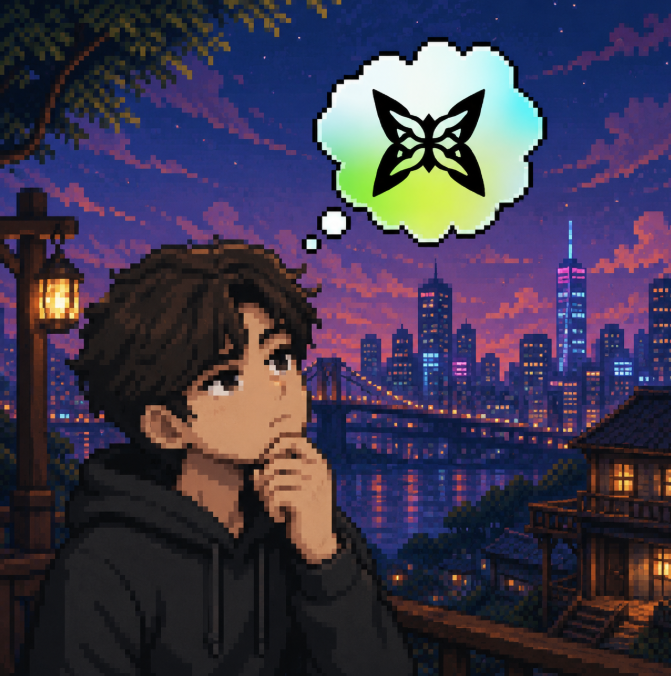 A pixel art character gazes thoughtfully over a glowing cityscape at dusk, with a thought bubble displaying the Quip Network butterfly logo above him, symbolizing deep reflection on Quip's long-term vision for reshaping the Web3 ecosystem.
