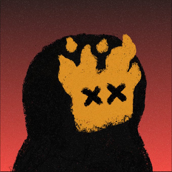 A grainy, stylized image of a dark silhouette with a yellow face featuring 'X X' eyes and horn-like protrusions, set against a dark red gradient background.